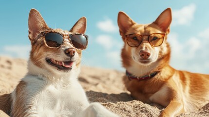 Two happy dogs wearing stylish sunglasses relax on a sandy beach, embodying a fun and carefree lifestyle amidst beautiful sunshine and playful beach vibes of summer.