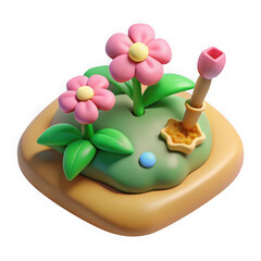 Cute 3d render of cartoon flowers and plant in pot isolated on transparent background