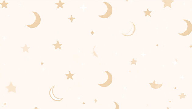 A beige background with a scattered pattern of crescent moons and five-pointed stars of varying sizes.  Tiny white sparkles add to the celestial design