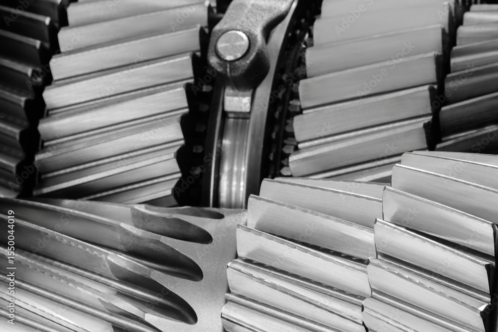 Aufkleber Close up of a gear with a black and silver color scheme. The gears are all different sizes and shapes, and they are all lined up next to each other. Concept of precision and complexity