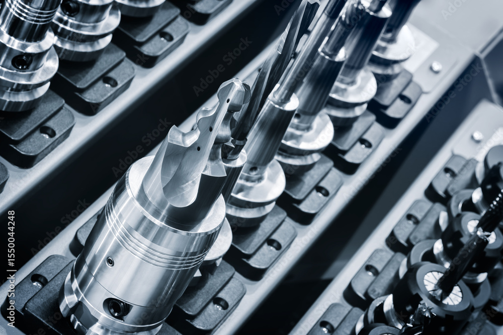 Poster a row of metal tools, milling cutters and drills, are lined up on a shelf. tools are all different s