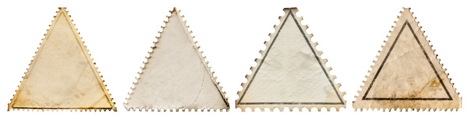 Obraz premium PNG Four vintage triangular stamps with textured surfaces element set on transparent background.
