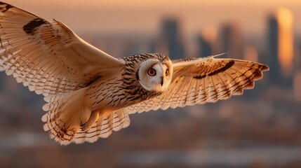 A majestic owl glides gracefully through the air, its wings outstretched against a backdrop of a sunset city skyline. The vibrant hues enhance the enchanting moment.
