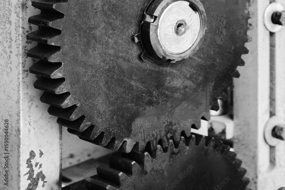 Aufkleber machine with two black gears. gears are rusty and worn. machine is old and has a vintage look