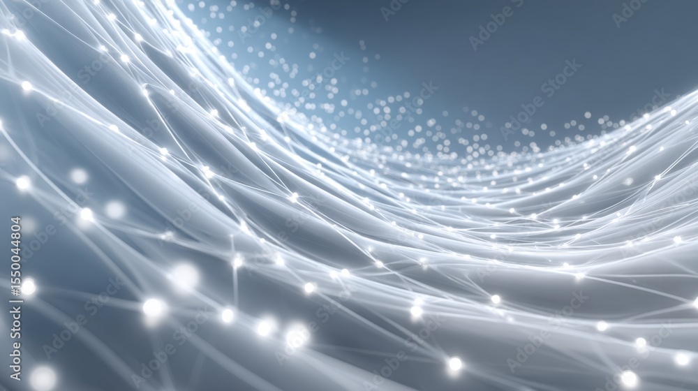 Poster delicate strands of light interact to create a mesmerizing wave of glowing particles in a tranquil a