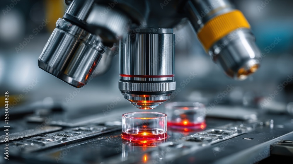 Poster a bright microscope lens focuses on specimen slides in a laboratory. the working environment is equi