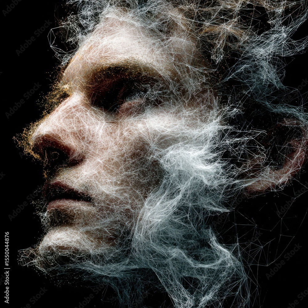 Poster an artistic representation features a person's face partially obscured by wispy, smoke-like textures