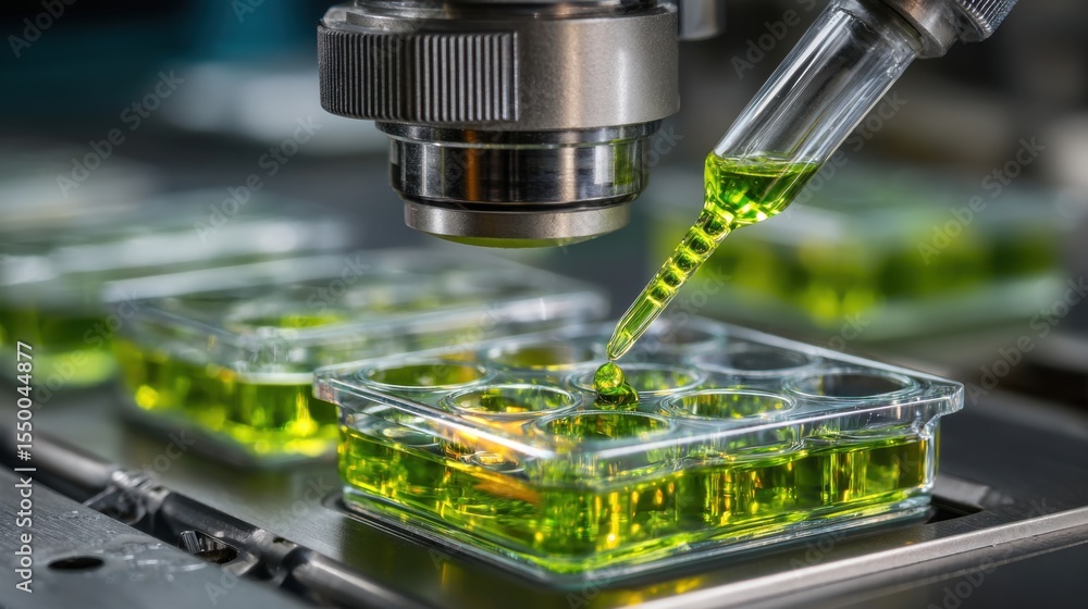 Poster a scientist carefully uses a pipette to transfer green liquid from a test plate under a microscope i