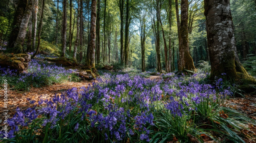 Poster a forest filled with tall trees showcases a vivid carpet of bluebells blooming in the undergrowth. s