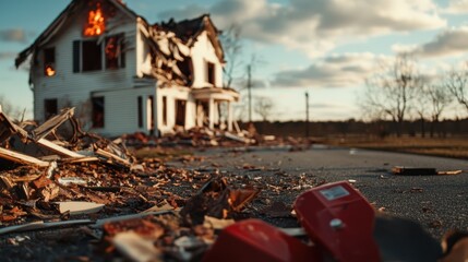 A once-lively house stands in ruins after a fire, illuminated by the warm glow of the golden hour, representing the fragility of life and the impact of disaster.