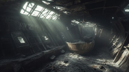 Sunbeams illuminate a sunken ship's interior