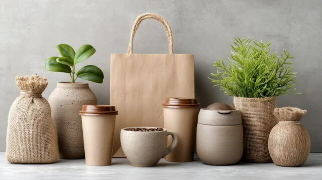 Ecofriendly packaging and plants in stylish arrangement with natural textures