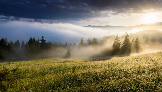 dramatic fogy landscape with sunbeams