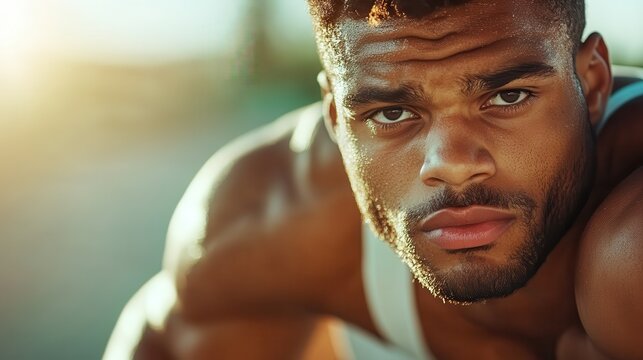 A determined young male athlete, glistening with sweat, crouches poised for a sprint, symbolizing strength, dedication, and the pursuit of excellence in competitive sports.