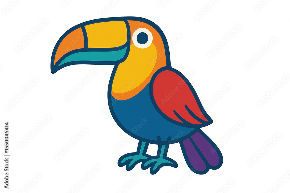 Poster cartoon toucan bird with colorful plumage and large beak standing on transparent background, simple 