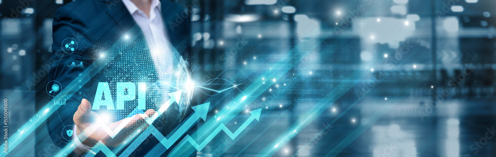 Poster api, businessman holding integration icon and scalable business structure of network, seamless conne