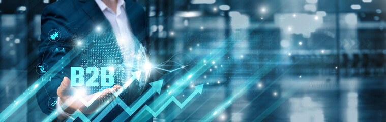 B2B growth, Businessman holding partnership icon and scalable global network, supply chain...