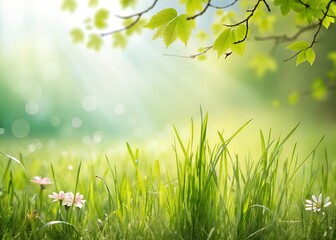 Obraz premium Sunlit spring meadow with delicate flowers and lush green grass
