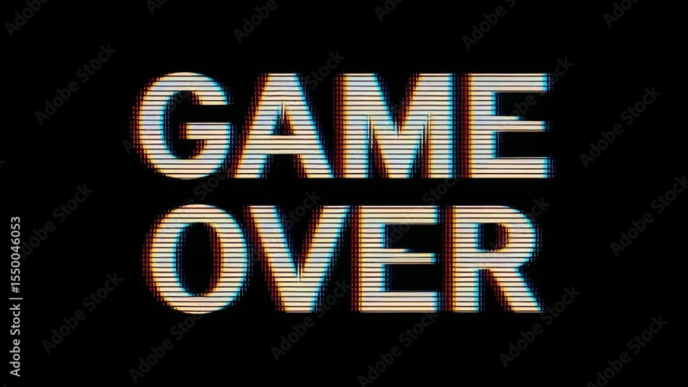 Poster retro game over screen glitch animation with static effects and pixel art aesthetics