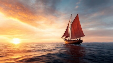 A classic sailing ship with red sails glides peacefully over calm waters during a stunning sunset, capturing a moment of tranquility and maritime beauty.