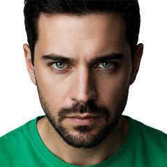 Obraz premium Close-up portrait of a man with green eyes and beard wearing green shirt on Isolated Background