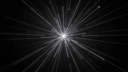 Abstract light beams radiating from central point in dark space  