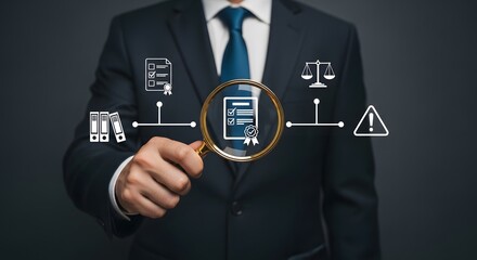 Businessman examines legal documents under magnifying glass Compliance risk management audit concept