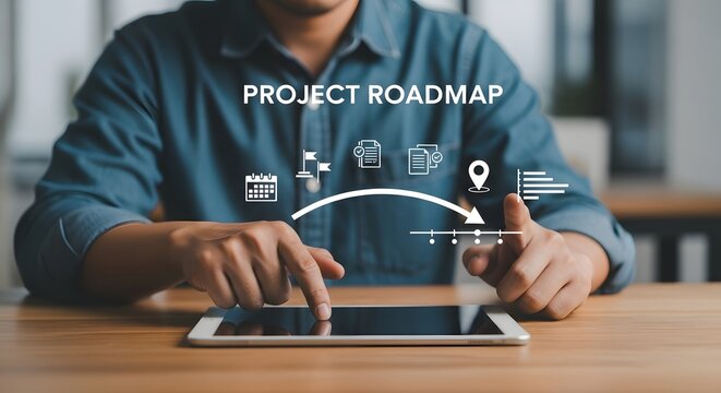Project Roadmap Planning Business Strategy Digital Tablet Man Working Progress
