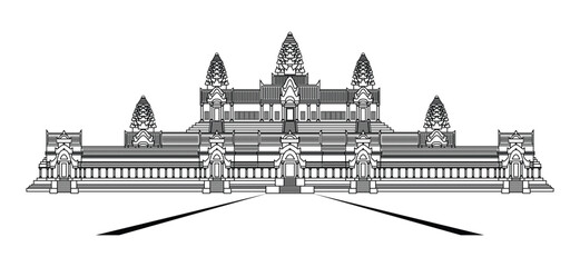 Illustration vector front entrance view of Angkor Wat temple complex drawing in black and white