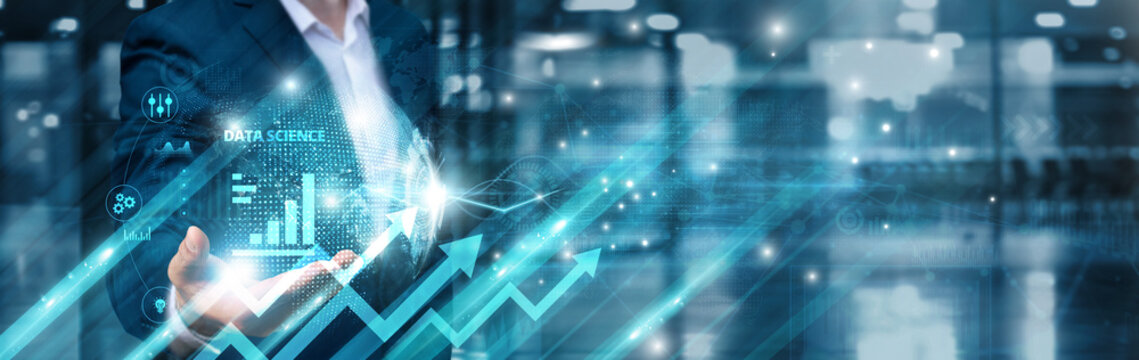 Businessman holding data science icon and intelligent analytical global network, predictive modeling, algorithmic processing, insightful visualization, machine learning applications.