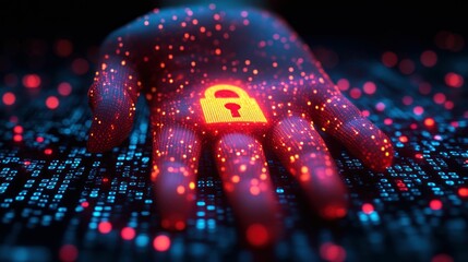 Hand with glowing lock graphic over digital code