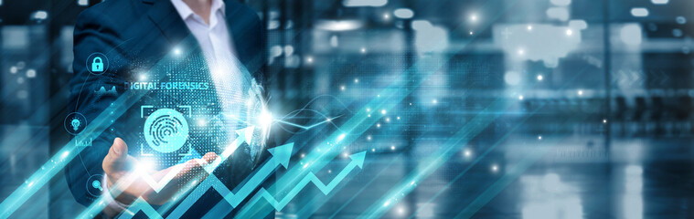 Businessman holding digital forensics icon and cybersecurity analysis global network, data...