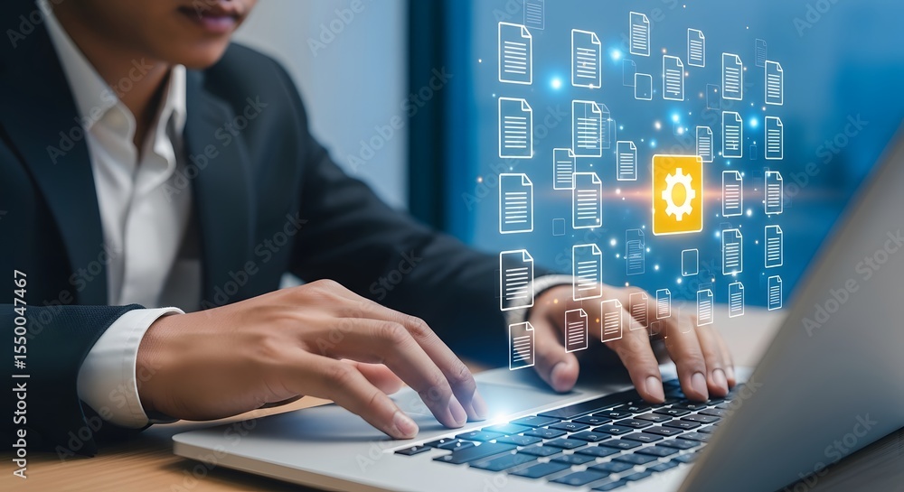 Aufkleber businessperson using laptop manages digital files efficiently via cloud computing technology.