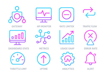 Neon tech icons displaying metrics and analytics in blue and pink glow