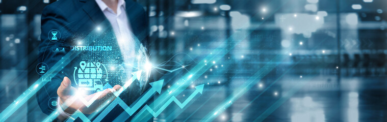 Businessman holding distribution management icon and intelligent logistics global network, supply chain optimization, inventory coordination, automated fulfillment, geographical outreach