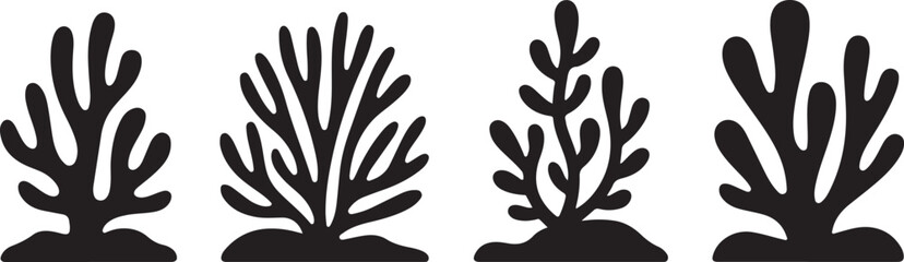 Obraz premium This image features four distinct coral and sea plant formations in silhouette, showcasing various organic shapes along a seabed. 