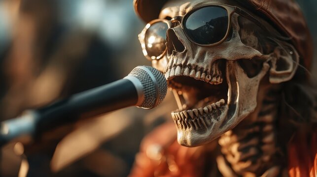 An animated skeleton with sunglasses passionately sings into a microphone on stage, emphasizing a fun and unique take on life and music in an exciting way that captivates the audience.