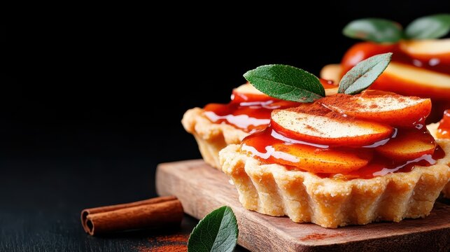 A mouthwatering apple tart featuring glistening slices of apple topped with a sweet glaze and a sprinkle of cinnamon, perfect for dessert lovers and culinary enthusiasts alike.
