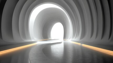 Naklejka premium A sleek, futuristic tunnel features smooth, curved walls that lead to a glowing light at the end. The minimal design creates an inviting atmosphere for curious explorers.