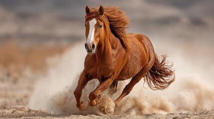 A chestnut horse with a flowing mane runs energetically across a dusty terrain, kicking up clouds of dirt. The sun shines brightly, enhancing the horse's vibrant coat.