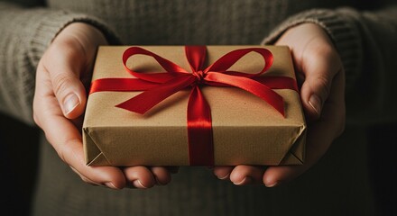 A wrapped gift held in hands with a vibrant red ribbon, ready to be given.