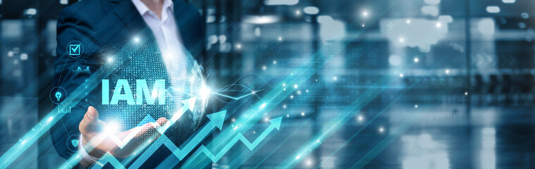 Businessman holding IAM and secure authentication global network, data protection, user...