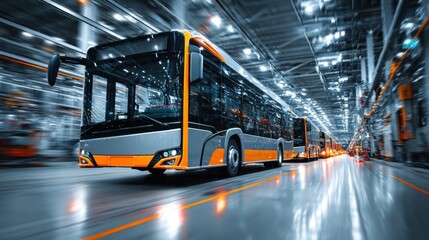 Buses are parked in a spacious, well-lit transportation depot, showcasing a sleek design. Workers can be seen performing maintenance as daylight pours through large windows.