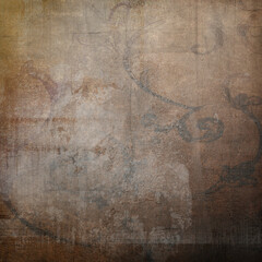 Abstract old brown fabric paper, floral damask pattern, grunge wall texture background, vintage style wallpaper illustration vector design.