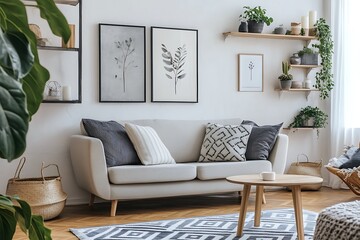 Interior of modern living room with grey sofa, plants and posters