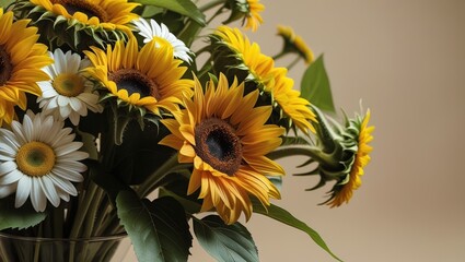 Bouquet of vibrant sunflowers and white daisies in a glass vase against a beige background