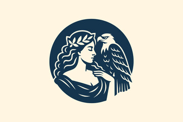 Woman and eagle emblem in bold silhouette style vector illustration

