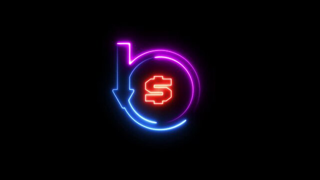 Glowing Neon Financial Loss Animation, Dollar Symbol with Falling Arrow, Economic Recession Icon, HD Video with Alpha Channel