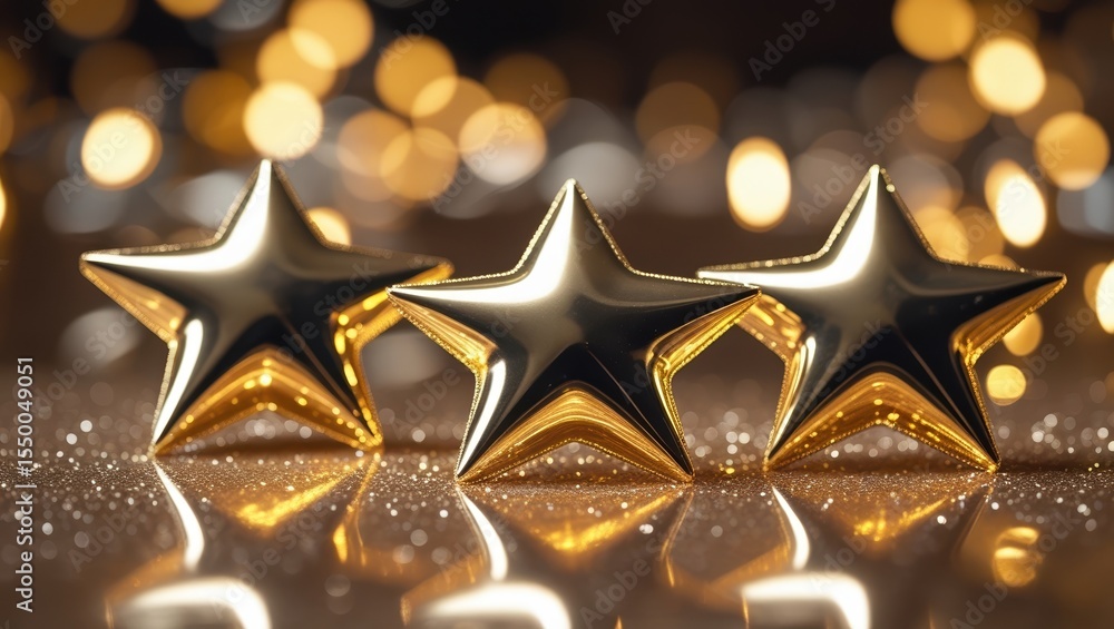 Poster three golden stars on a glittering surface with blurred bokeh lights in the background