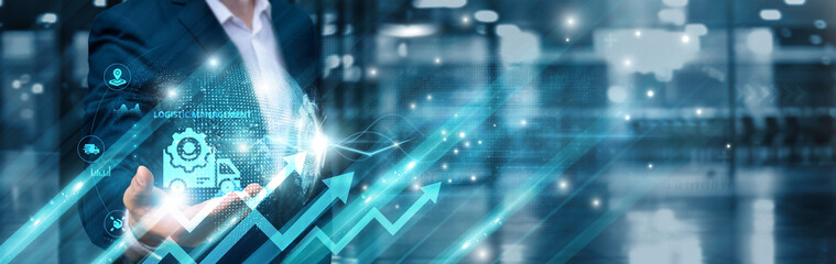 Businessman holding logistic management icon and intelligent distribution global network, supply chain optimization, automated coordination, inventory forecasting, real-time tracking